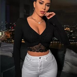 Elegant Black Lace Trim Crop Top